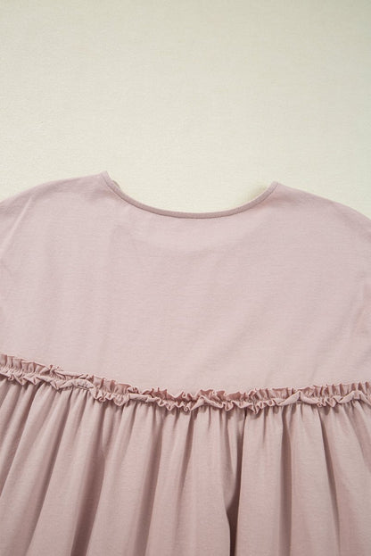 Oatmeal Frilled Trim Crew Neck Loose Fit Mini Dress Stylish - Love Salve 