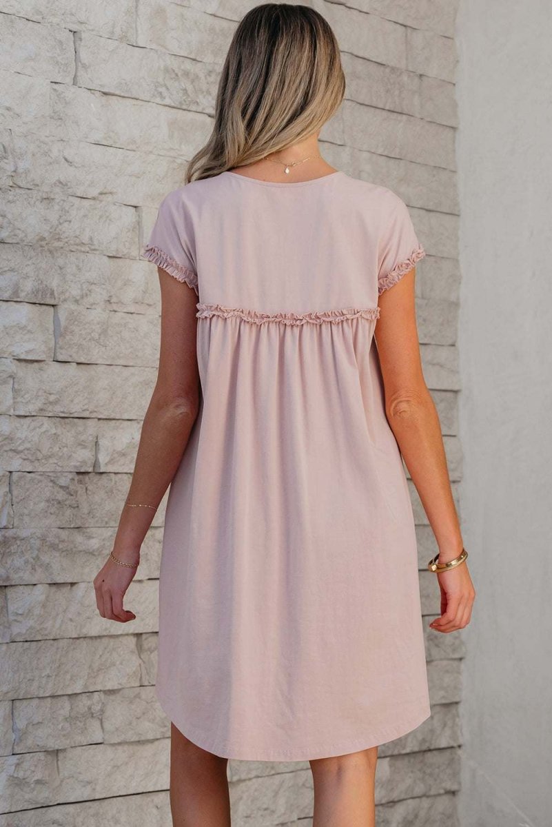 Oatmeal Frilled Trim Crew Neck Loose Fit Mini Dress Stylish - Love Salve 