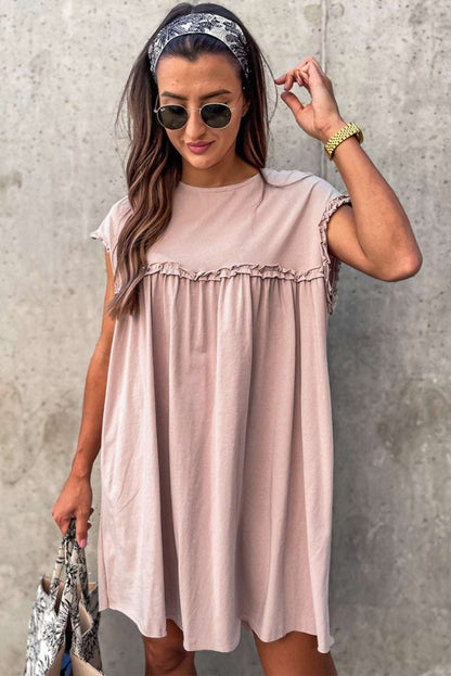 Oatmeal Frilled Trim Crew Neck Loose Fit Mini Dress Stylish - Love Salve 