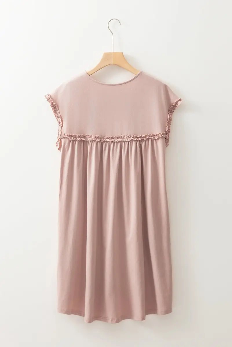 Oatmeal Frilled Trim Crew Neck Loose Fit Mini Dress Stylish - Love Salve 