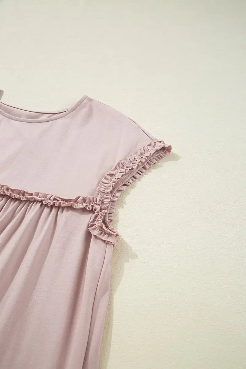 Oatmeal Frilled Trim Crew Neck Loose Fit Mini Dress Stylish - Love Salve 