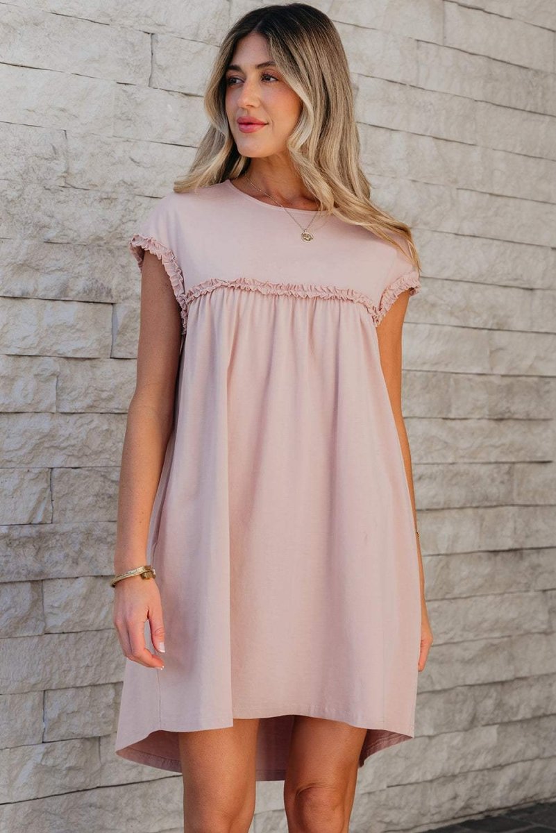 Oatmeal Frilled Trim Crew Neck Loose Fit Mini Dress Stylish - Love Salve 