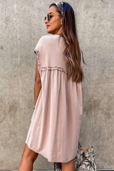 Oatmeal Frilled Trim Crew Neck Loose Fit Mini Dress Stylish - Love Salve 
