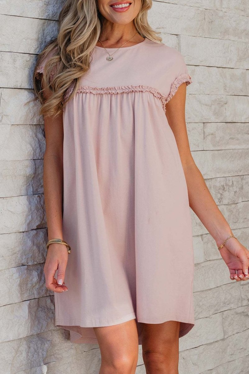 Oatmeal Frilled Trim Crew Neck Loose Fit Mini Dress Stylish - Love Salve 