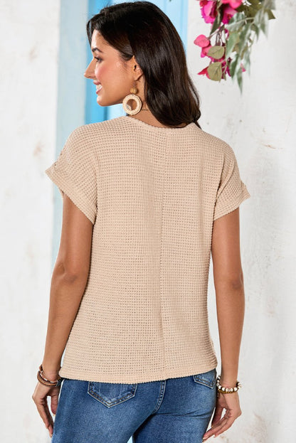 Oatmeal Lace Patchwork Waffle Short Sleeve Top for Women - Love Salve 