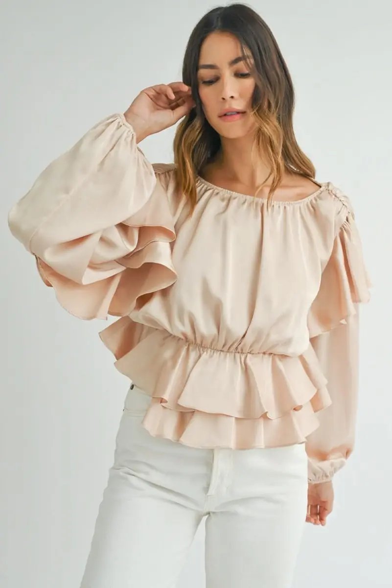 Oatmeal Lace-up Keyhole Back Ruffled Peplum Blouse - Love Salve 