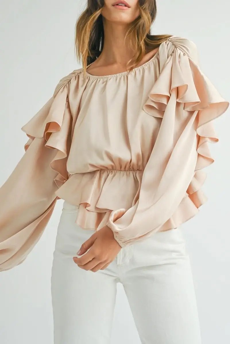 Oatmeal Lace-up Keyhole Back Ruffled Peplum Blouse - Love Salve 