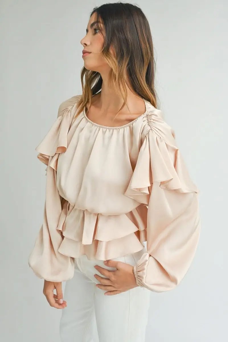 Oatmeal Lace-up Keyhole Back Ruffled Peplum Blouse - Love Salve 