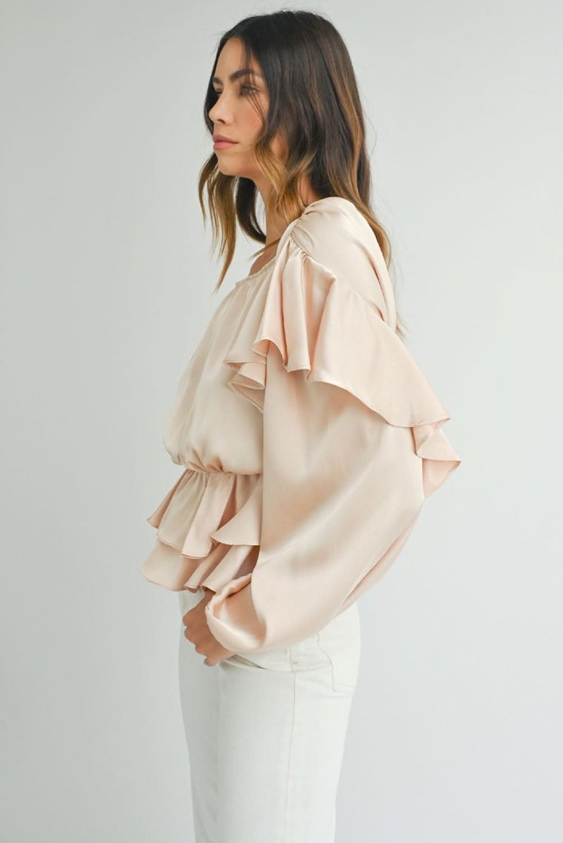Oatmeal Lace-up Keyhole Back Ruffled Peplum Blouse - Love Salve 