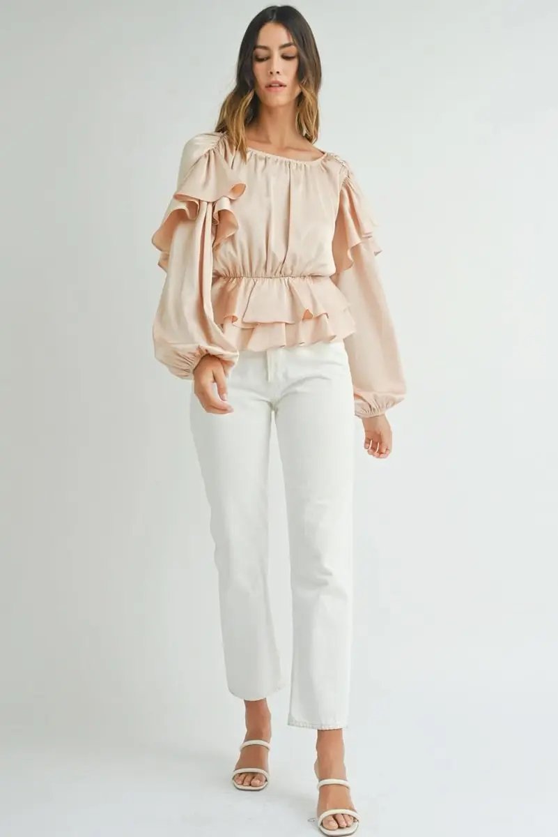 Oatmeal Lace-up Keyhole Back Ruffled Peplum Blouse - Love Salve 
