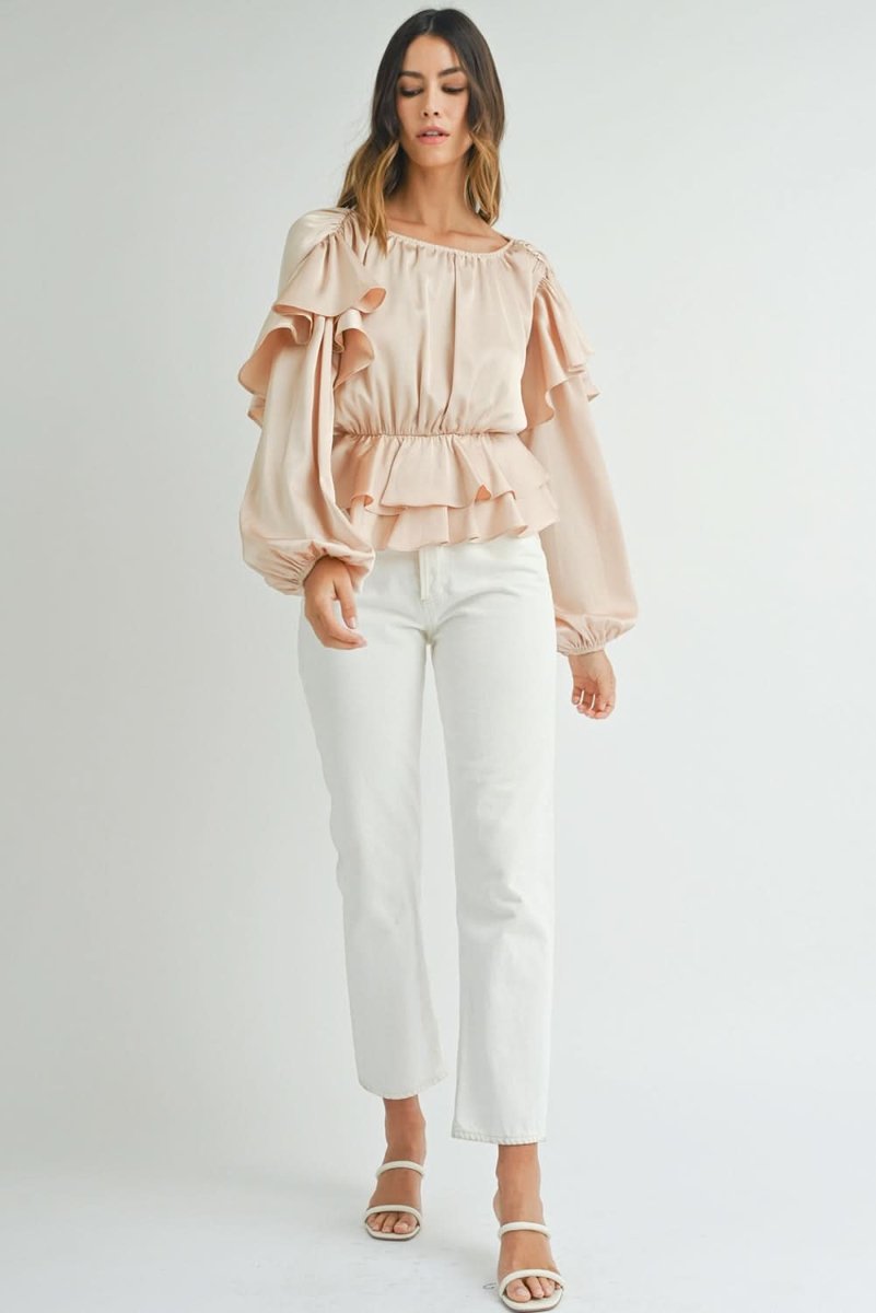 Oatmeal Lace-up Keyhole Back Ruffled Peplum Blouse - Love Salve 