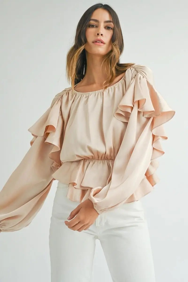 Oatmeal Lace-up Keyhole Back Ruffled Peplum Blouse - Love Salve 