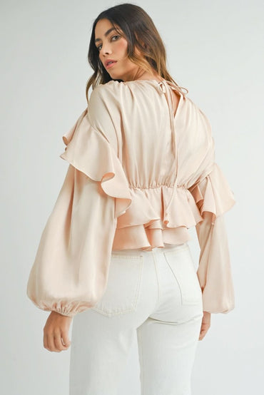 Oatmeal Lace-up Keyhole Back Ruffled Peplum Blouse - Love Salve 