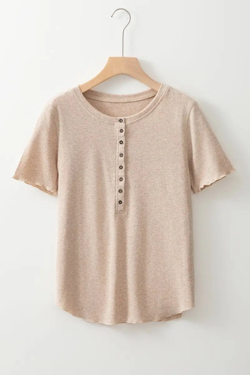 Oatmeal Short Sleeve Half Button Ribbed Knit Top for Women - Love Salve 