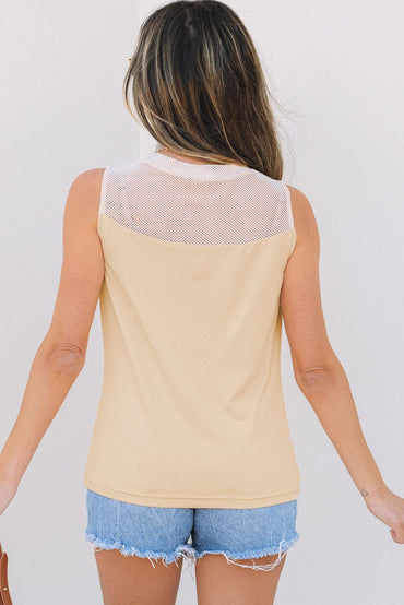 Oatmeal Solid Mesh Patchwork Crew Neck Tank Top for Women - Love Salve 