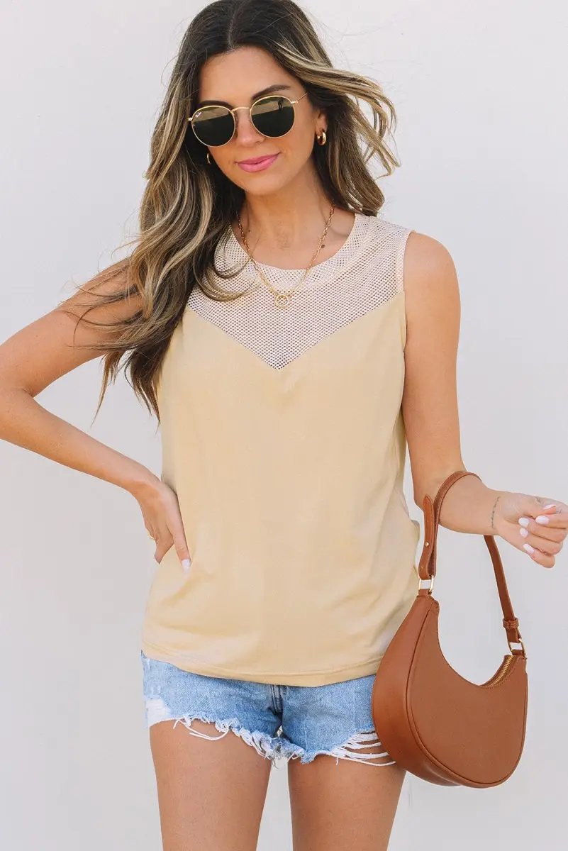 Oatmeal Solid Mesh Patchwork Crew Neck Tank Top for Women - Love Salve 