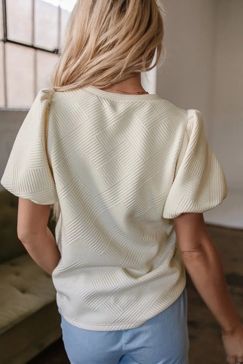 Oatmeal Textured Puff Sleeve T-shirt for Casual Style - Love Salve 