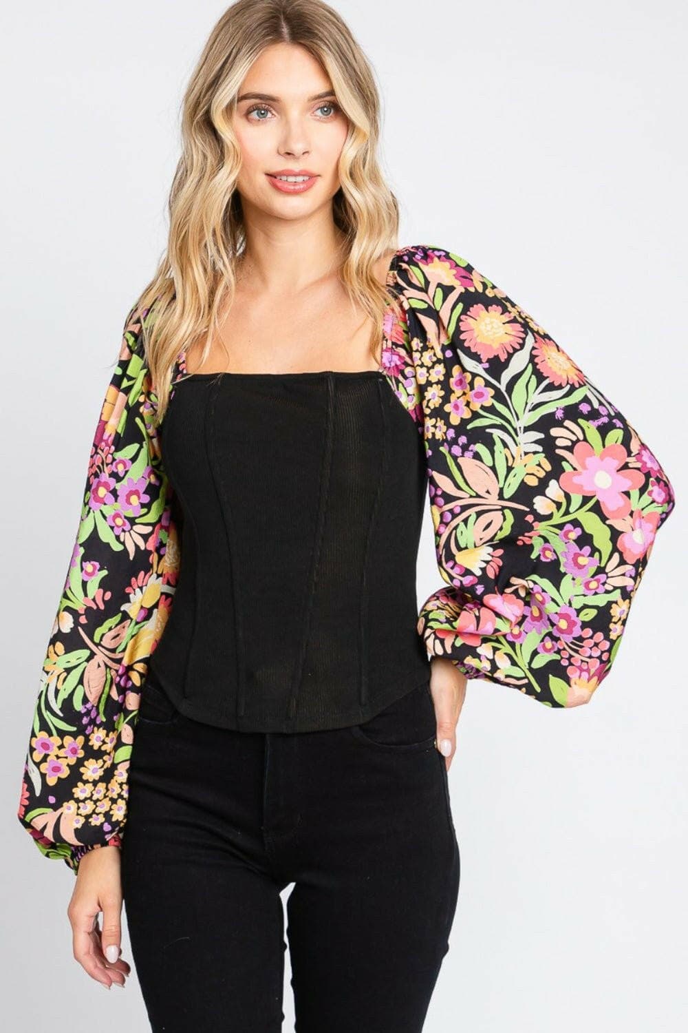 ODDI Full Size Floral Balloon Sleeve Blouse - Love Salve