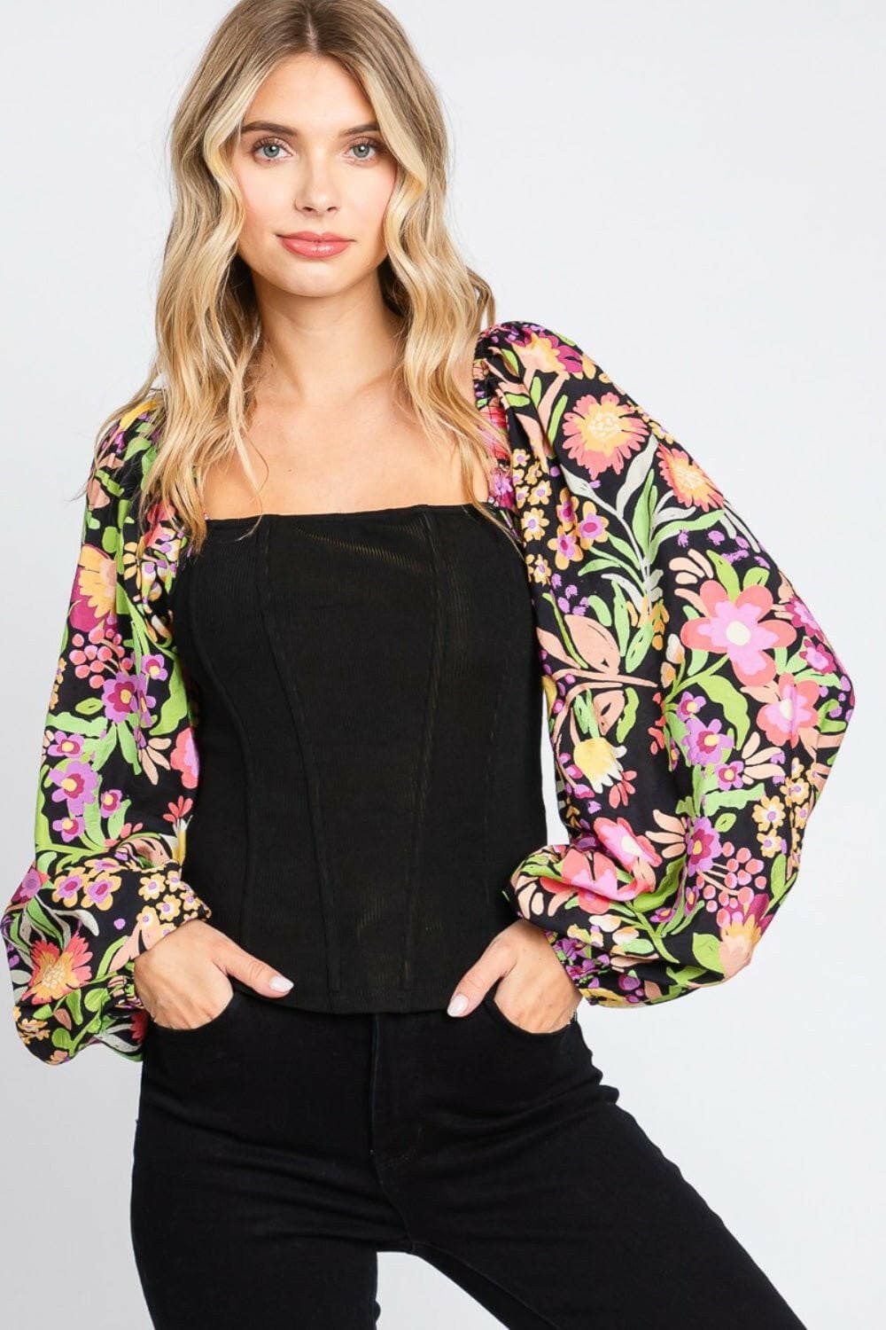 ODDI Full Size Floral Balloon Sleeve Blouse - Love Salve