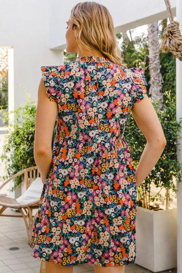 ODDI Full Size Floral Ruffled Cap Sleeve Mini Dress for Women - Love Salve