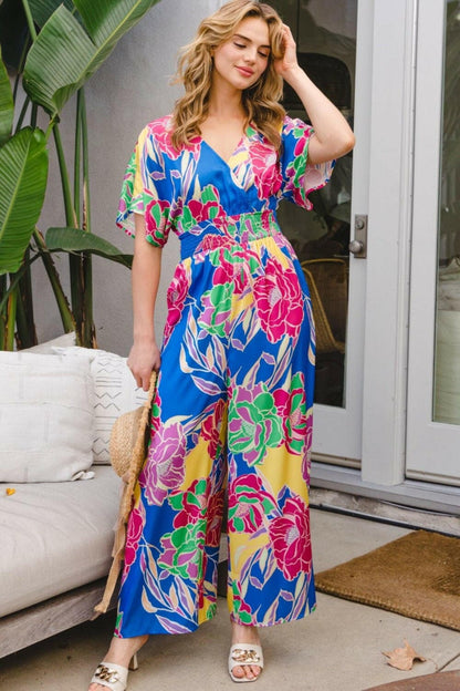 ODDI Full Size Floral Smocked Tied Back Jumpsuit - Love Salve