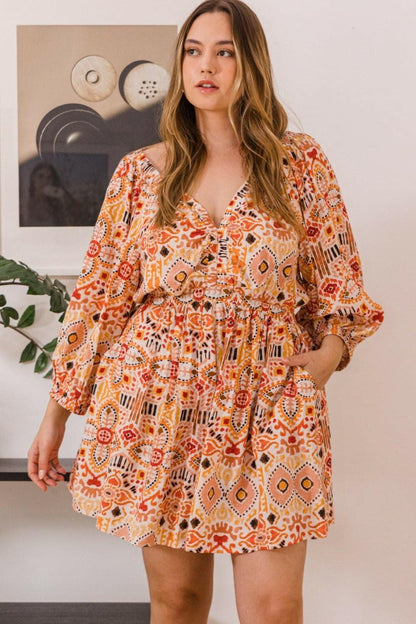 ODDI Full Size Printed Ruff Sleeve Romper with Pockets - Love Salve