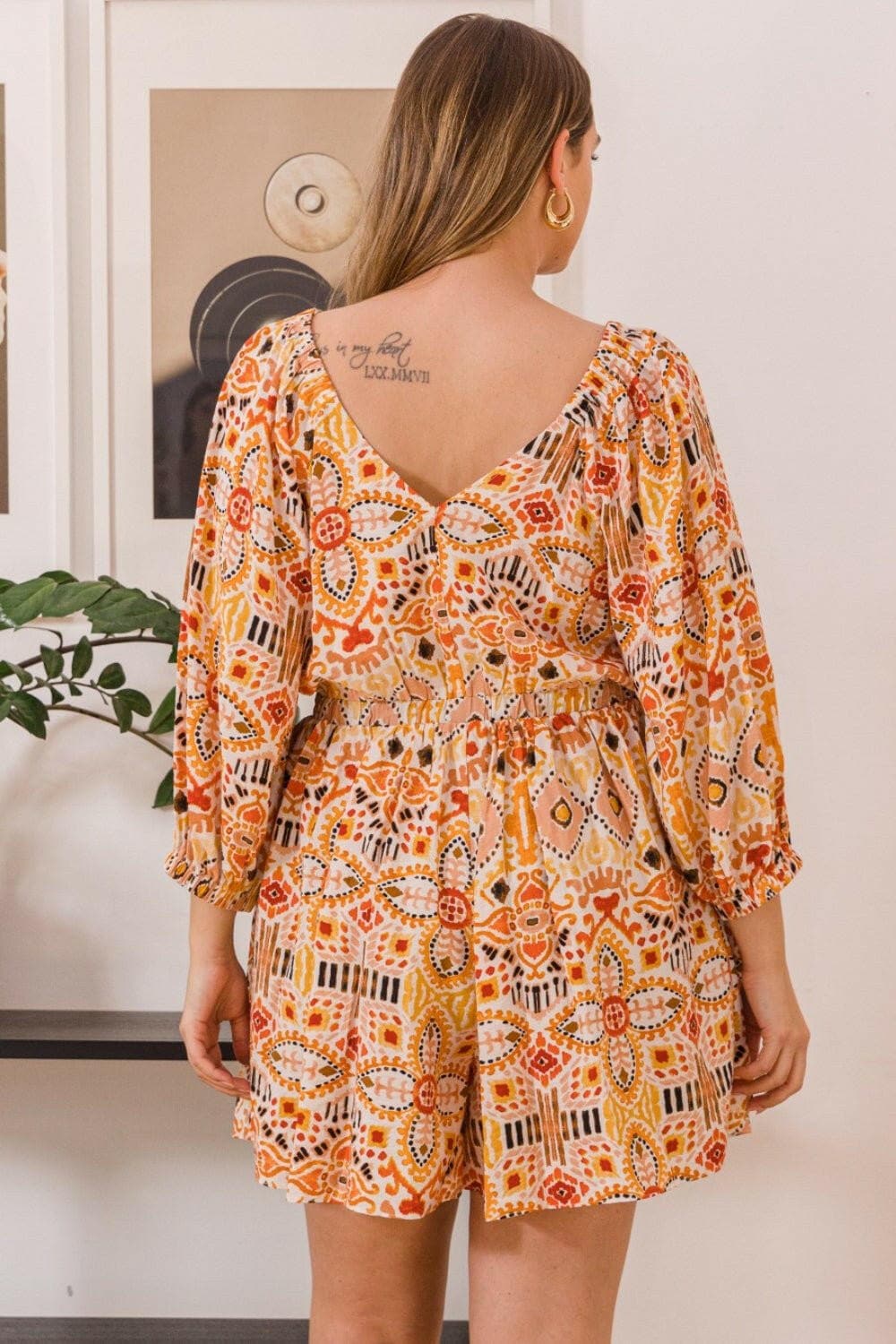 ODDI Full Size Printed Ruff Sleeve Romper with Pockets - Love Salve