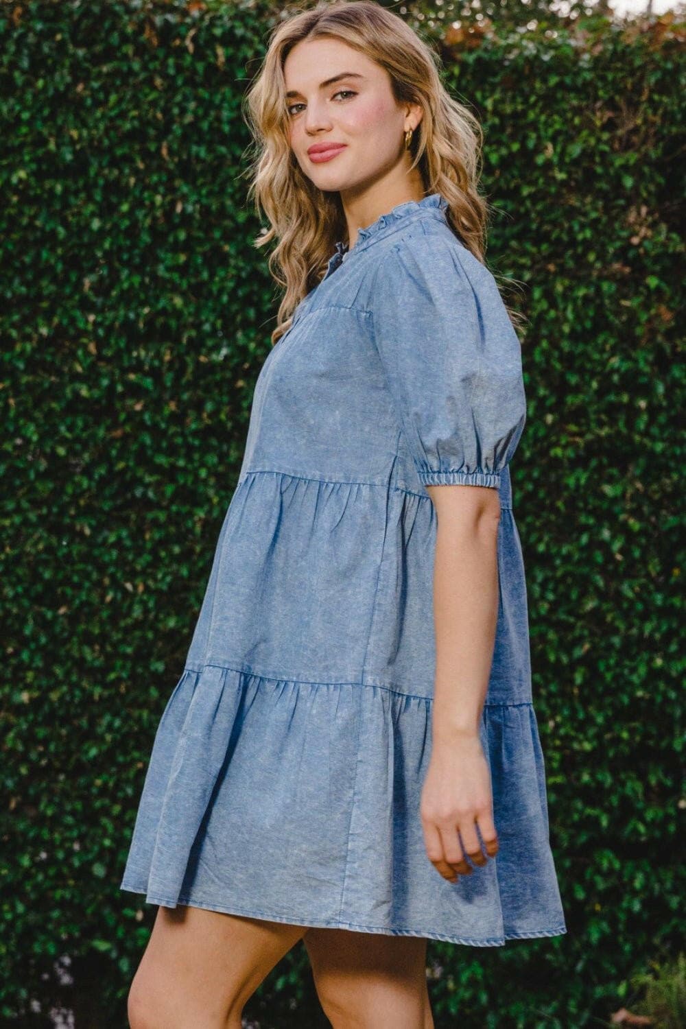 ODDI Washed Tiered Mini Denim Dress - Love Salve