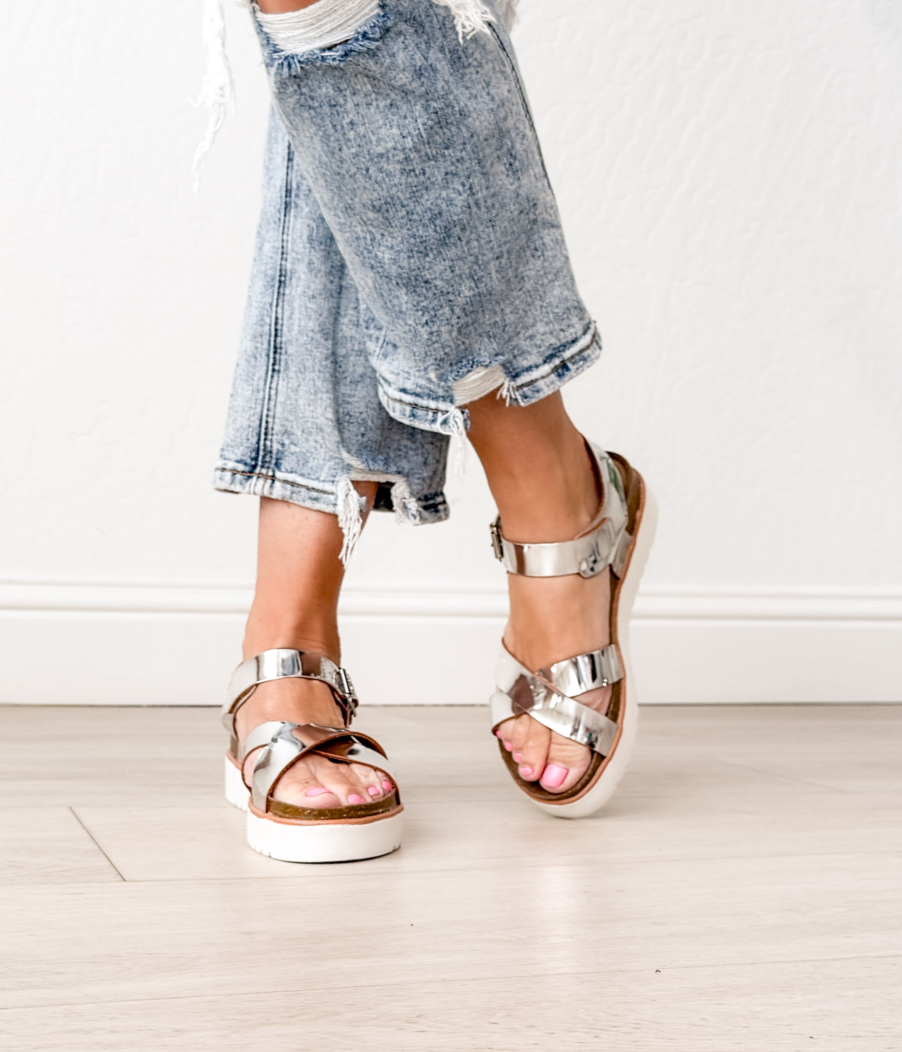 Oetter Silver Sandal Buckle Ankle Closure Padded Footbed Naughty Monkey