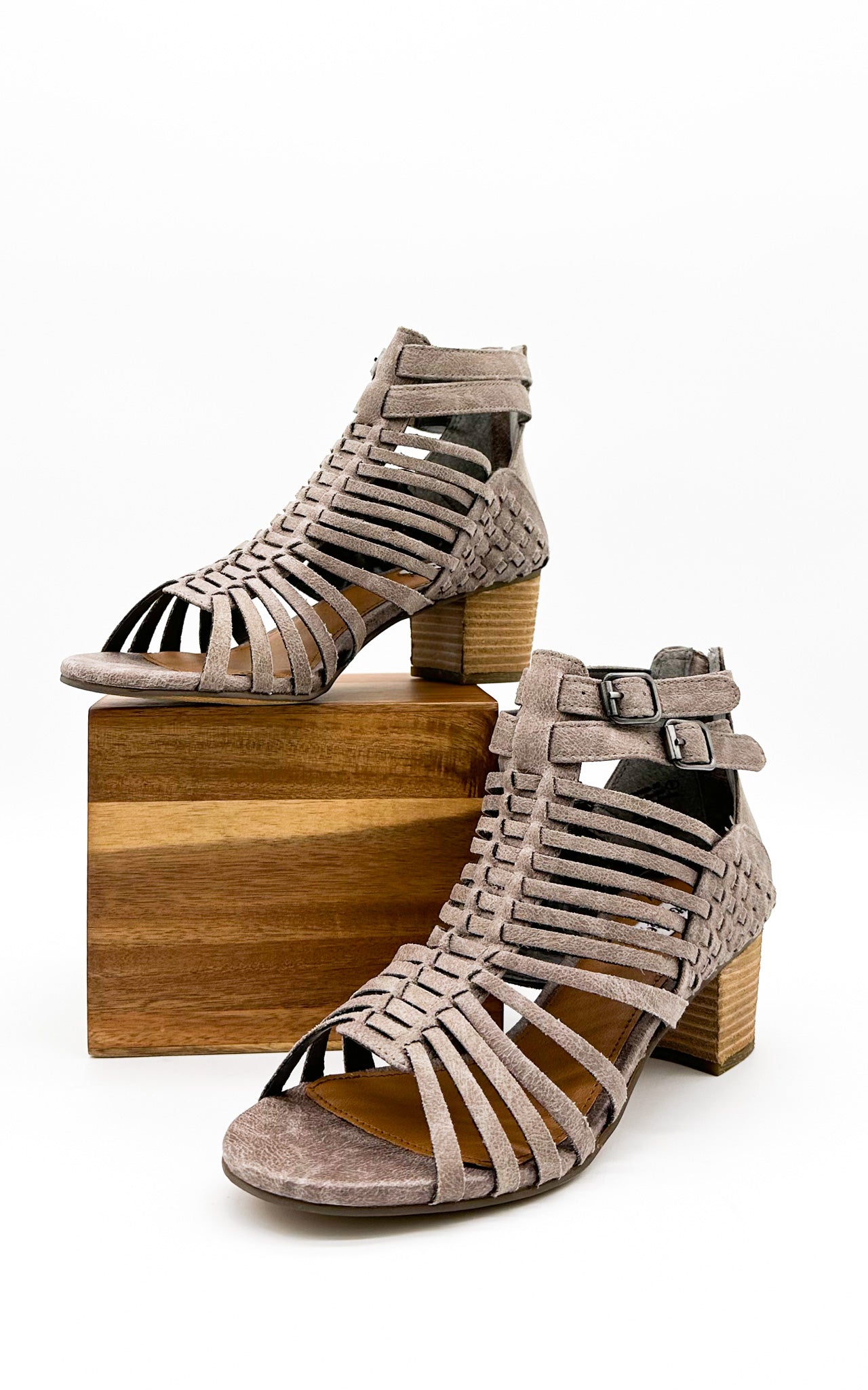 Ofanto Grey Faux Leather Huarache Sandals With Block Heel Buckles