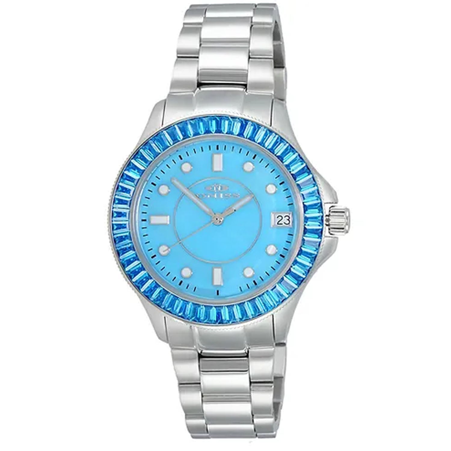 Oniss Crown Womens Stainless Steel Watch With Blue Dial And Crystal Bezel