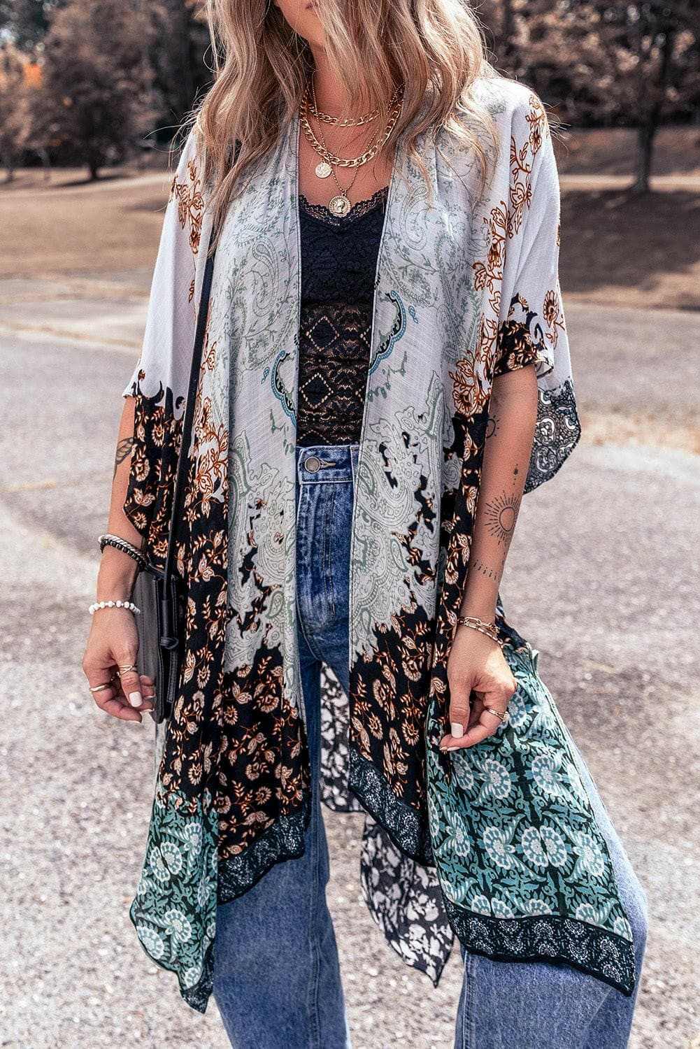 Printed cotton half sleeve open cover up cardigan with sheer opaque design.