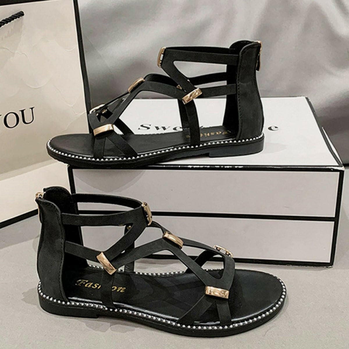 Open Toe Back Zipper Flat Sandals - Love Salve