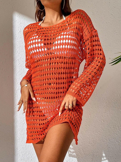 Openwork Boat Neck Long Sleeve Cover-Up - Love Salve