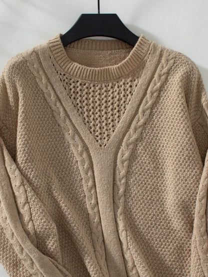 Openwork Cable - Knit Round Neck Long Sleeve Sweater - Love Salve