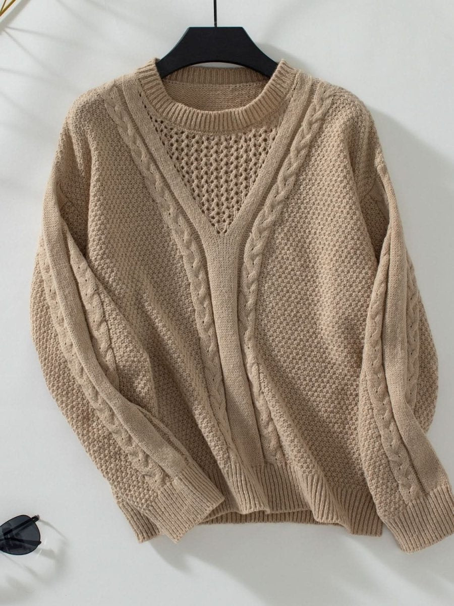 Openwork Cable - Knit Round Neck Long Sleeve Sweater - Love Salve