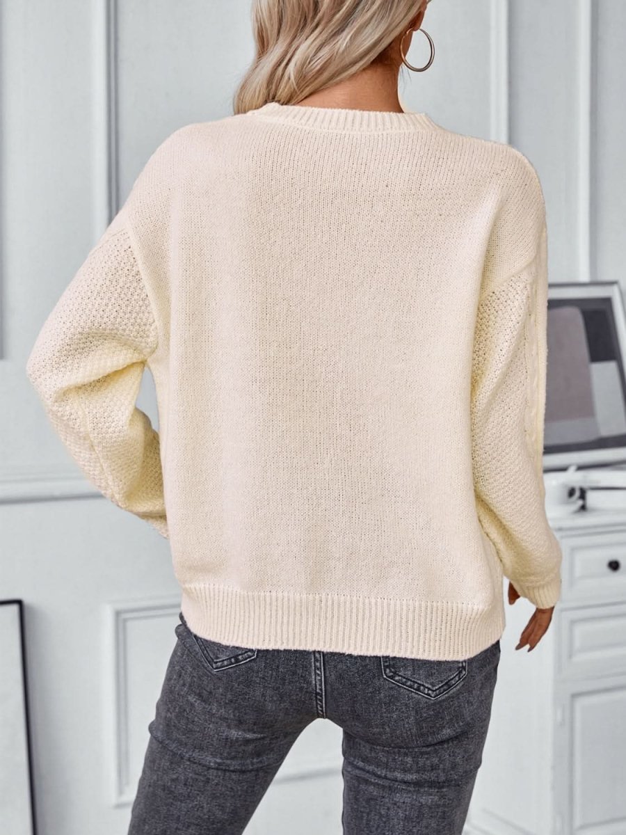 Openwork Cable - Knit Round Neck Long Sleeve Sweater - Love Salve