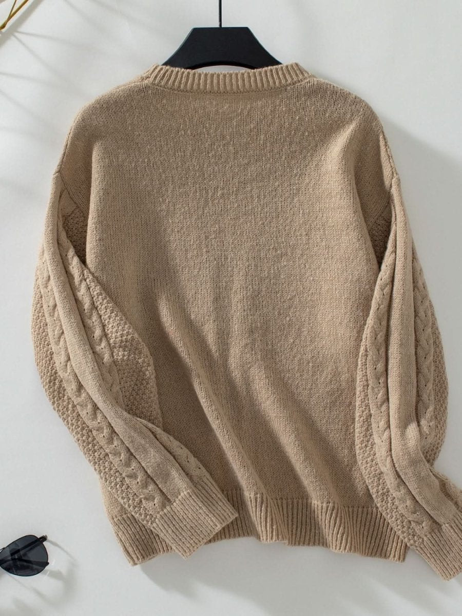 Openwork Cable - Knit Round Neck Long Sleeve Sweater - Love Salve