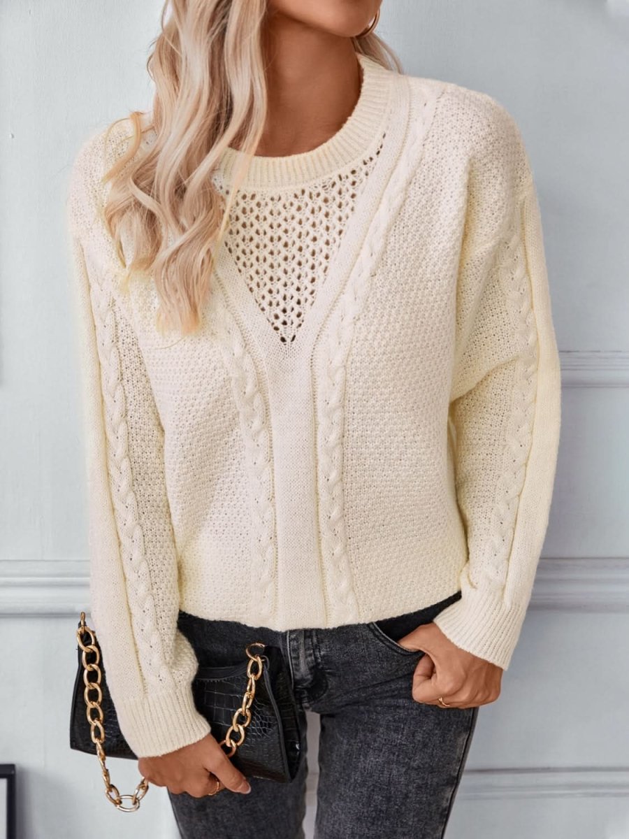 Openwork Cable - Knit Round Neck Long Sleeve Sweater - Love Salve