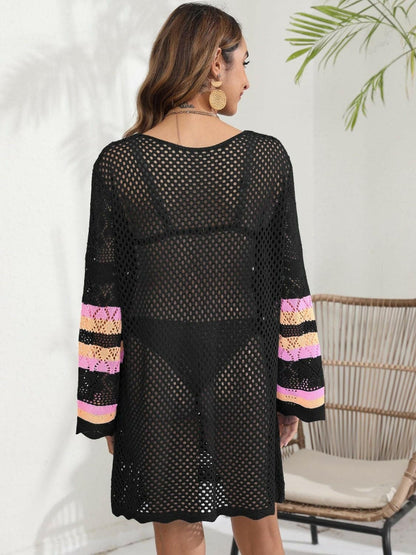 Openwork Contrast Long Sleeve Cover-Up - Love Salve