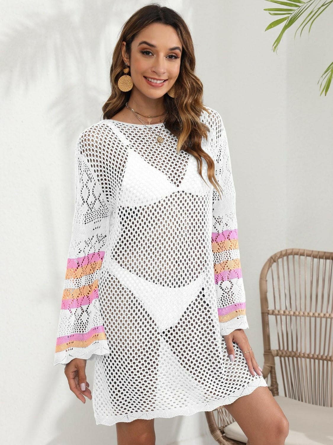 Openwork Contrast Long Sleeve Cover-Up - Love Salve