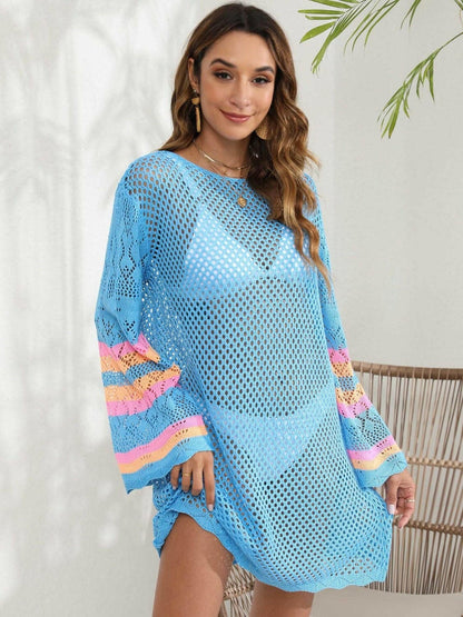 Openwork Contrast Long Sleeve Cover-Up - Love Salve