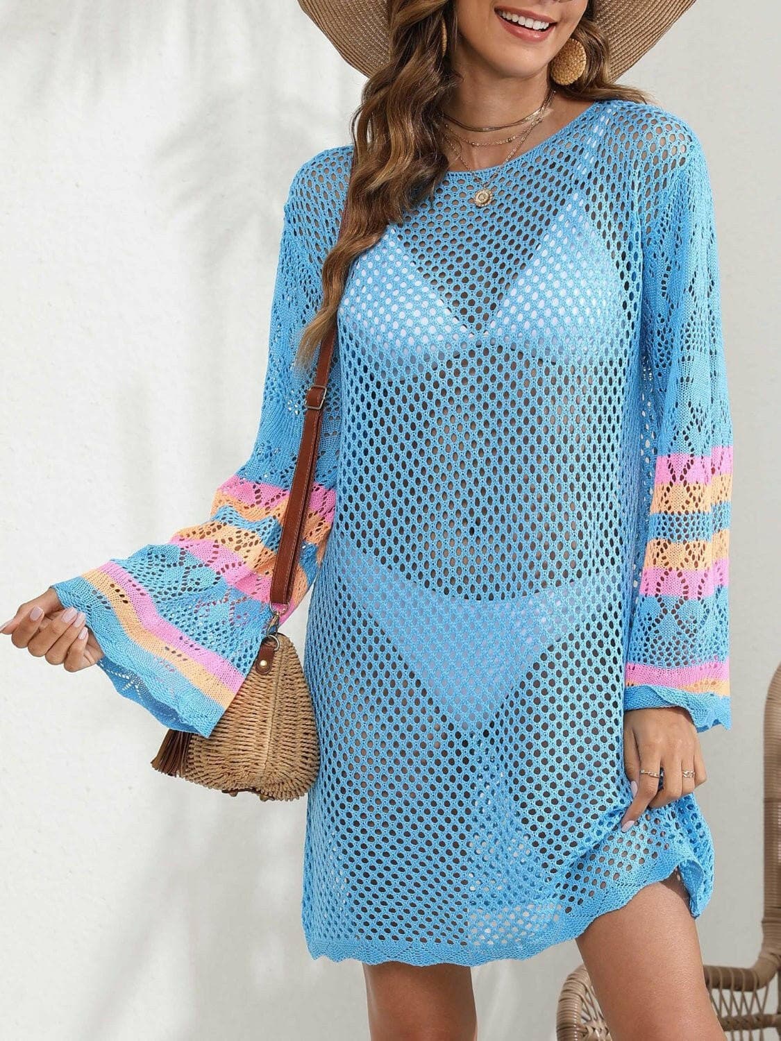 Openwork Contrast Long Sleeve Cover-Up - Love Salve