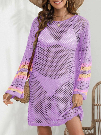 Openwork Contrast Long Sleeve Cover-Up - Love Salve