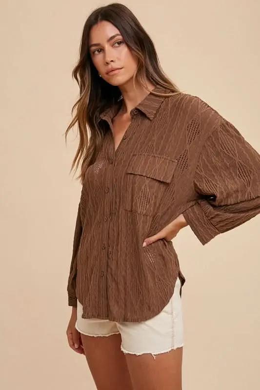 Openwork Drop Shoulder Button-Up Shirt by Annie Wear - Love Salve 