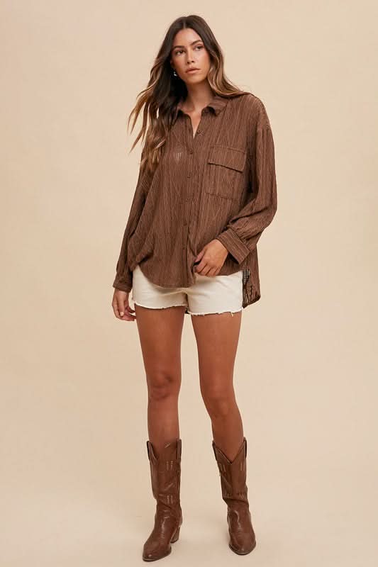 Openwork Drop Shoulder Button-Up Shirt by Annie Wear - Love Salve 