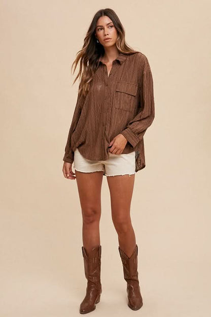 Openwork Drop Shoulder Button-Up Shirt by Annie Wear - Love Salve 