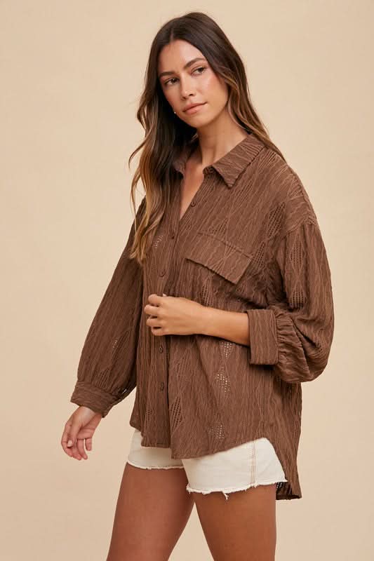 Openwork Drop Shoulder Button-Up Shirt by Annie Wear - Love Salve 