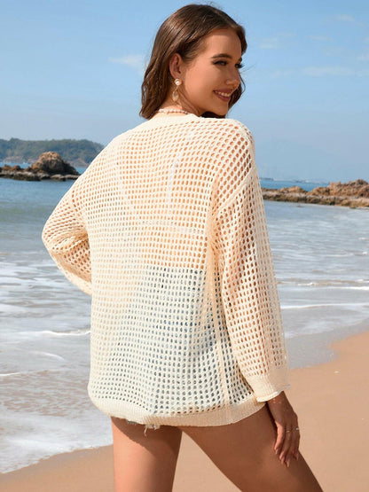 Openwork Dropped Shoulder Long Sleeve Cover-Up - Love Salve