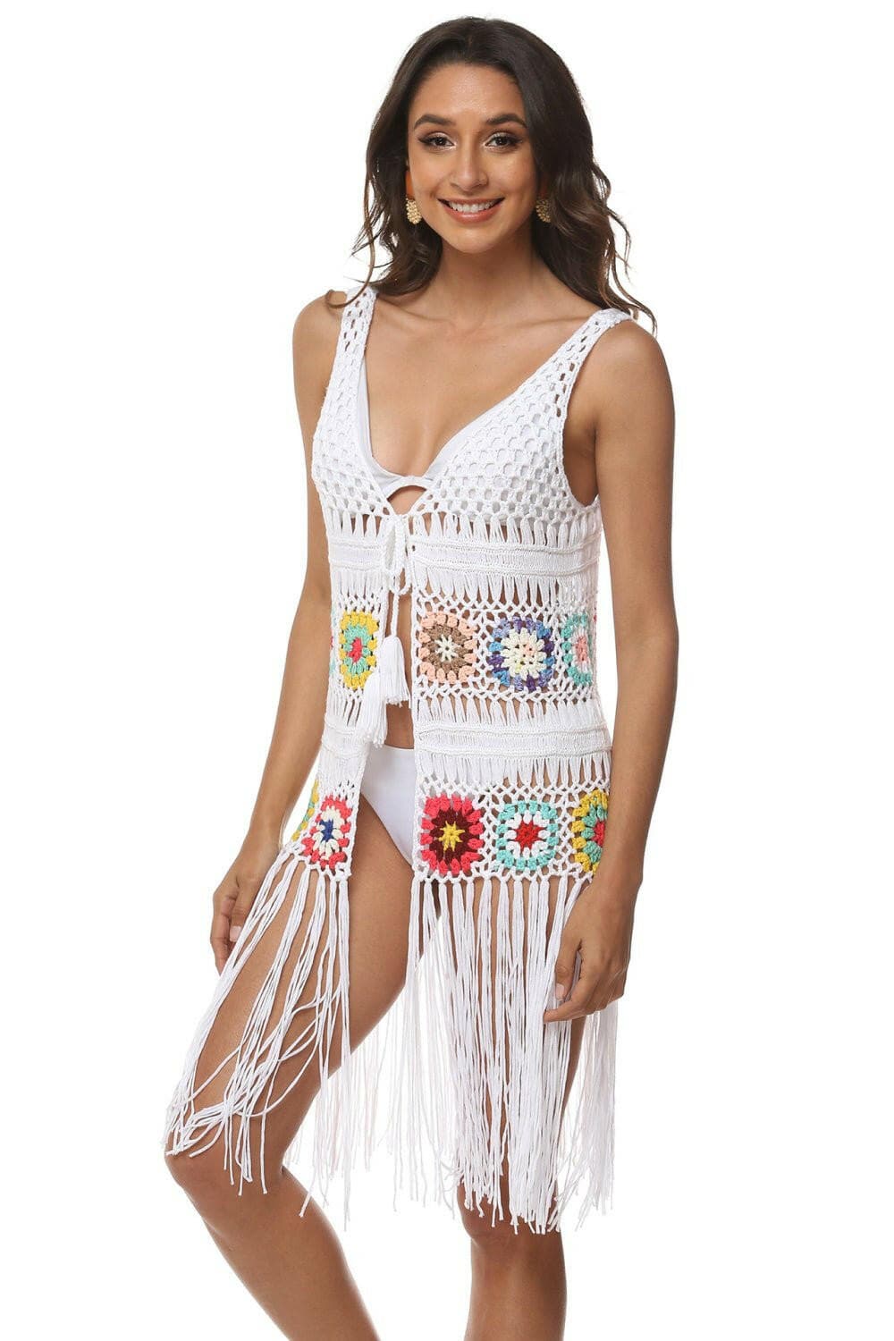 Openwork Fringe Detail Embroidery Sleeveless Cover-Up - Love Salve